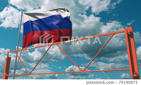 Swing arm road barrier and flag of Russia, entry ban related 3d rendering 74190871