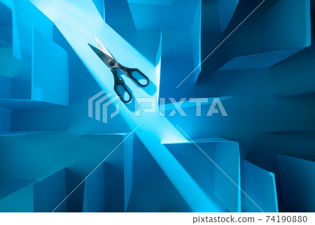 Exit.Scissors in paper labyrinth. Concept of theme of bureaucracy. Exit.Scissors in paper labyrinth. Concept of theme of bureaucracy. 74190880