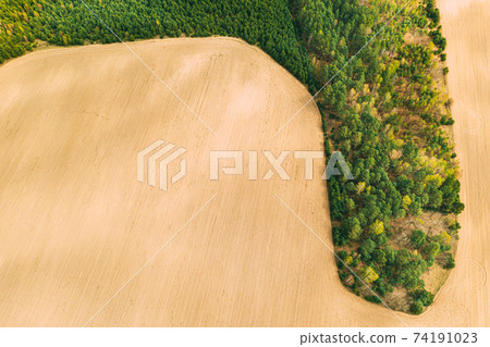 Aerial Top View Of Agricultural Landscape With Growing Forest Trees On Border With Field. Beautiful Rural Landscape In Bird's-eye View. Spring Field With Empty Soil 74191023