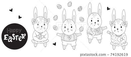 Easter bunny set. Cute bunnies girls and boys with Easter eggs in their paws. Vector. Black line, outline. Cute animal for design, decor, print, postcards for Easter 74192619