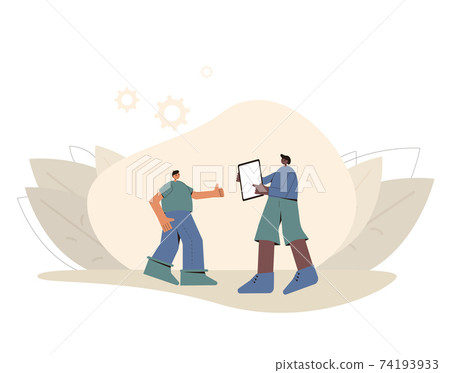 Two boys with tablet. Cute kids characters wearing in casual clothes standing together with phone. Male children touching a mobile screen. Vector illustration. 74193933
