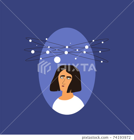 Depression. Portrait of woman with some mental issues. Female person with lot of confusing thoughts. Young lady with bad mood. Person with special needs. Vector icon illustration. 74193972