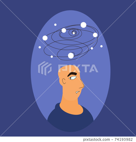 Anxiety icon. Portrait of man with some mental issues. Male person with bad mood. Vector color flat illustration. Anxiety icon. Portrait of man with some mental issues. Male person with bad mood. Vector color flat illustration. 74193982