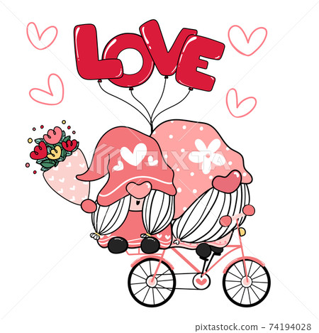 Two Valentine Romantic Gnome couple on pink love bicycle clip art, Happy Love cartoon vector Two Valentine Romantic Gnome couple on pink love bicycle clip art, Happy Love cartoon vector 74194028