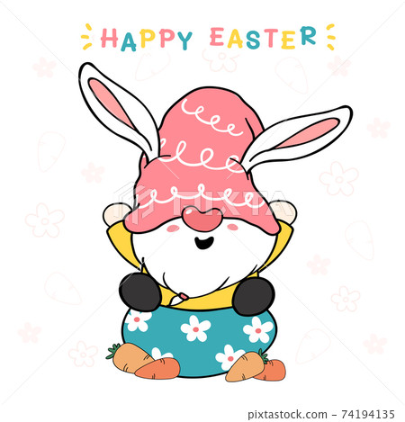 cute bunny gnome on egg with carrot, happy Easter. Gnome in pink hat sweet pastel cartoon vector cute bunny gnome on egg with carrot, happy Easter. Gnome in pink hat sweet pastel cartoon vector 74194135