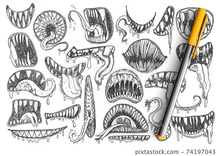 Spooky teeth and mouth doodle set Spooky teeth and mouth doodle set 74197043