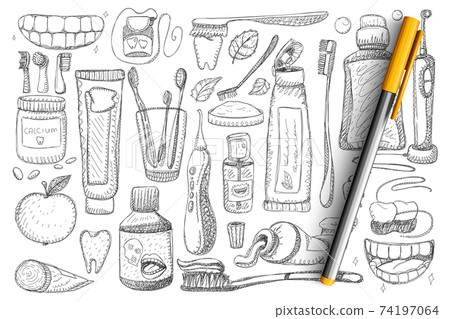 Tooth hygiene and health doodle set 74197064
