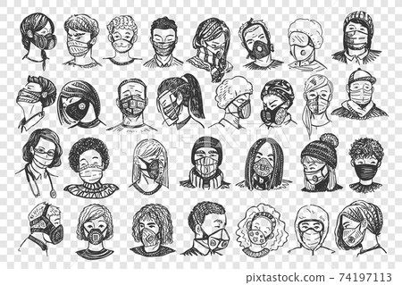 People with masks hand drawn doodle set People with masks hand drawn doodle set 74197113