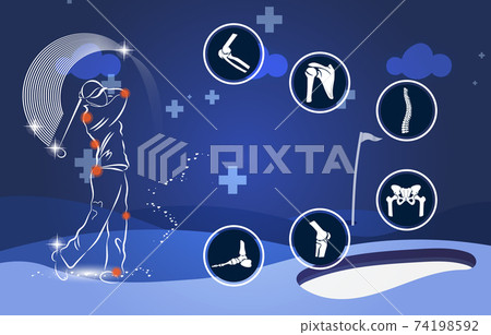 Medical infographic orthopedic. Human silhouette in Golf motion injury of elbow, shoulder, spine, pelvis, knee, and foot.Radiology orthopedic, hospital, joint, sport, diagnostics. Vector illustration Medical infographic orthopedic. Human silhouette in Golf motion injury of elbow, shoulder, spine, pelvis, knee, and foot.Radiology orthopedic, hospital, joint, sport, diagnostics. Vector illustration 74198592