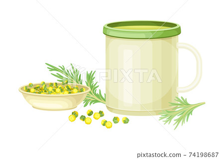 Mug Poured with Wormwood or Southernwood Plant Herbal Tea Vector Composition Mug Poured with Wormwood or Southernwood Plant Herbal Tea Vector Composition 74198687