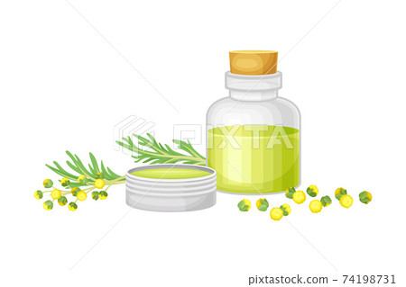 Corked Glass Jar with Wormwood or Southernwood Oil Extraction Vector Composition 74198731