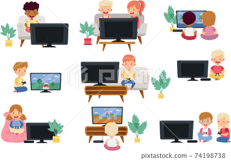 Little Kids Sitting with Gamepad and Playing Video Game Vector Set 74198738