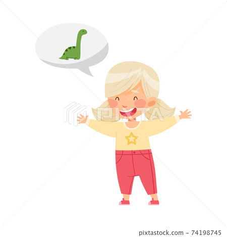 Little Girl Telling Story About Dinosaurs Vector Illustration 74198745