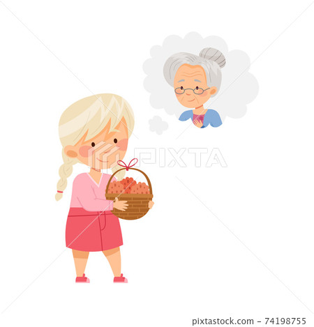 Little Girl Carrying Wicker Basket and Thinking About Her Grandmother Vector Illustration Little Girl Carrying Wicker Basket and Thinking About Her Grandmother Vector Illustration 74198755