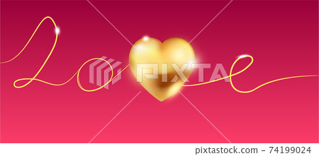 Gold heart with shiny glares and lights isolated on a violet transparent background. Valentines Day greeting card template made in a realistic style. 74199024