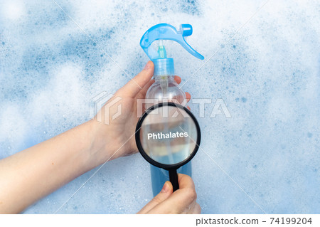 Air freshener floating in soapy water. Harmful composition of ingredients. Remedy with Phthalates. The concept of hazardous substances in cosmetics and household chemicals Air freshener floating in soapy water. Harmful composition of ingredients. Remedy with Phthalates. The concept of hazardous substances in cosmetics and household chemicals 74199204