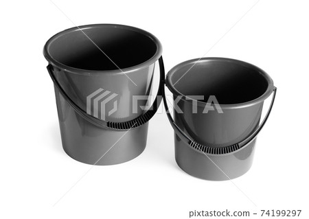 Plastic gray buckets. 74199297