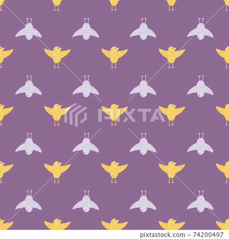 Cartoon seamless pattern with yellow and blue colored flying birds ornament. Purple background. 74200497