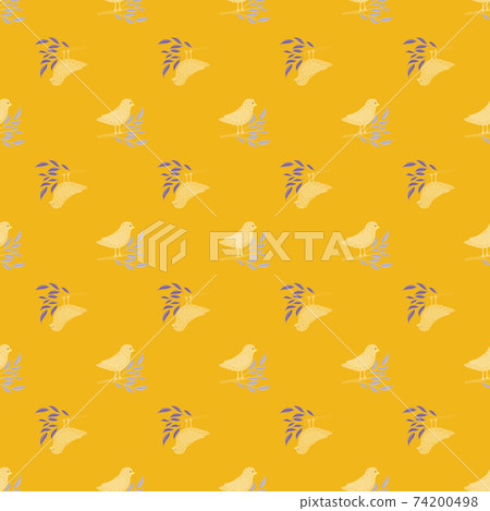 Cartoon kids cute seamless pattern with simple bird on branches print. Yellow bright background. Cartoon kids cute seamless pattern with simple bird on branches print. Yellow bright background. 74200498