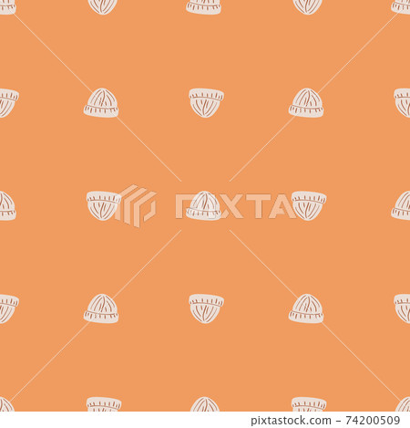 Decorative seamless pattern with knitted light grey beanie hat silhouettes. Orange pastel background. 74200509