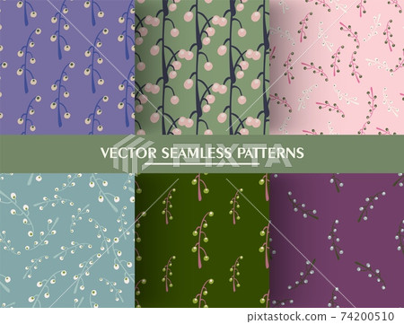 Set of seamless random pattern with doodle branches and berries. 74200510