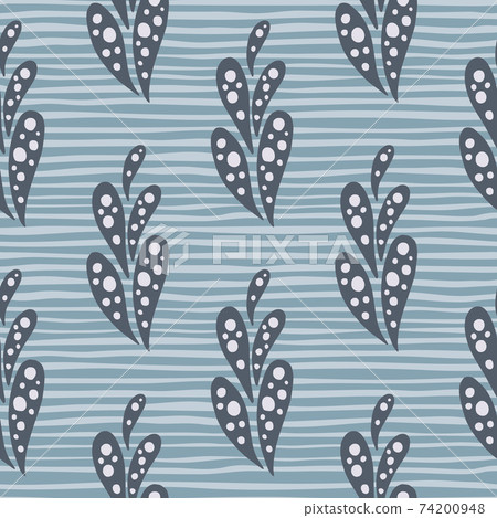 Seamless abstract hand drawn pattern with grey oriantal cucumber paisley print. Blue striped background. 74200948