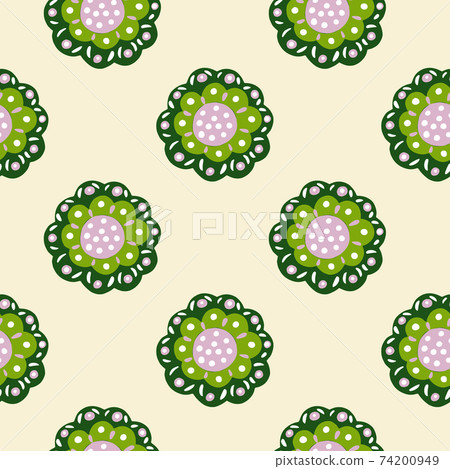 Contrast floral botanic seamless pattern with green abstract folk buds shapes. Light pastel yellow background. Contrast floral botanic seamless pattern with green abstract folk buds shapes. Light pastel yellow background. 74200949