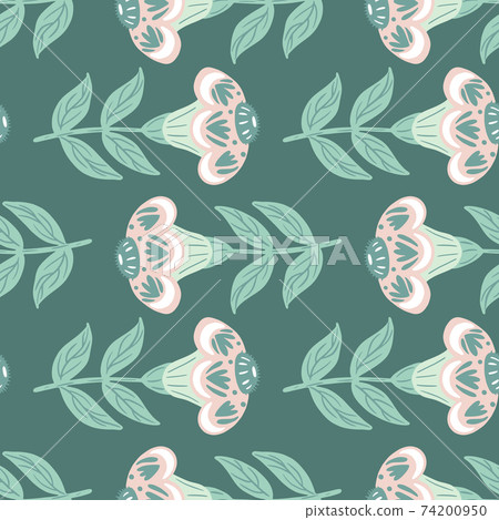 Pastel turquoise tones seamless pattern with hand drawn flowers elements. Bloom floral artwork. Simple design. 74200950