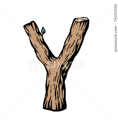 Colored engraving Letter Y made of wood with leaves on the white background 74205099