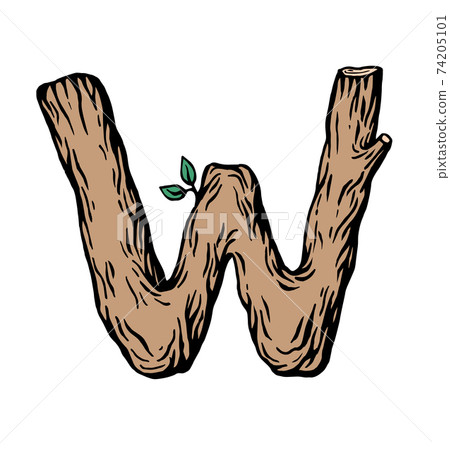 Colored engraving Letter W made of wood with leaves on the white background 74205101