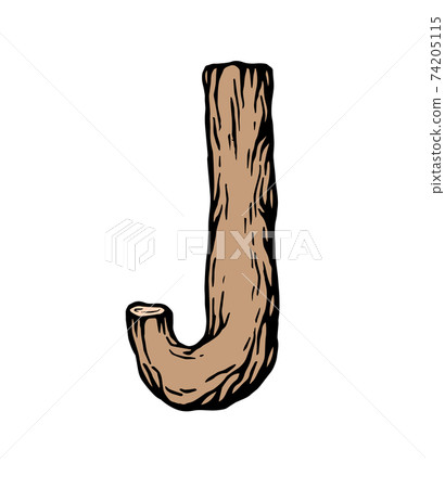 Colored engraving Letter J made of wood with leaves on the white background 74205115