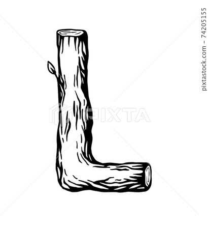 Black engraving Letter L made of wood with leaves on the white background Black engraving Letter L made of wood with leaves on the white background 74205155