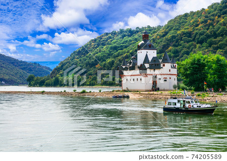 Beautiful romantic castles of Rhine river -Pfalzgrafenstein in small island. Germany 74205589
