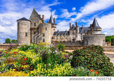 Beautiful medieval castle Sully-sul-Loire. famous Loire valley river in France Beautiful medieval castle Sully-sul-Loire. famous Loire valley river in France 74205758