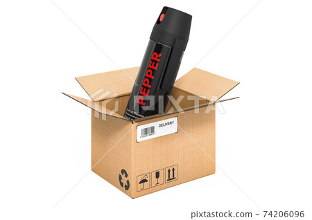 Pepper spray inside cardboard box, delivery concept. 3D rendering Pepper spray inside cardboard box, delivery concept. 3D rendering 74206096