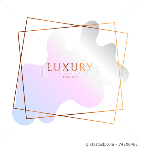 Gold frame. Watercolor wedding invitation card with rose gold vein texture. Pastel pink and blue brush strokes and gold outline geometric frame. Abstract background. 74206468