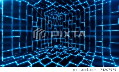 3d cubes dorming a futuristic room with blue glowing lights. Network connection concept.3d render illustration. 74207575