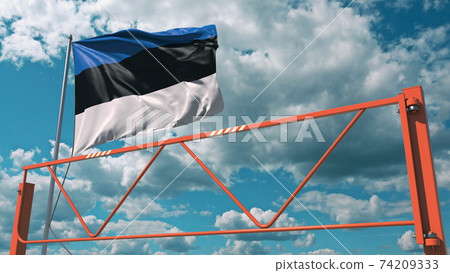 Swing arm road barrier and flag of Estonia, entry ban related 3d rendering 74209333