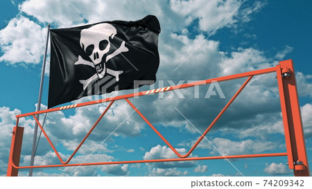Manual swing arm road barrier and Jolly Roger pirate flag. Piracy ban related 3d rendering Manual swing arm road barrier and Jolly Roger pirate flag. Piracy ban related 3d rendering 74209342