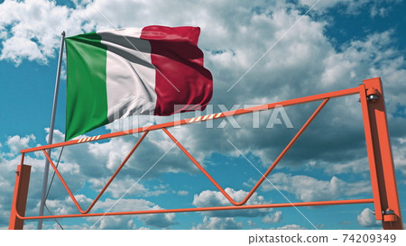 Swing arm road barrier and flag of Italy, entry ban related 3d rendering Swing arm road barrier and flag of Italy, entry ban related 3d rendering 74209349