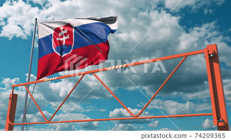 Swing arm road barrier and flag of Slovakia, entry ban related 3d rendering 74209365