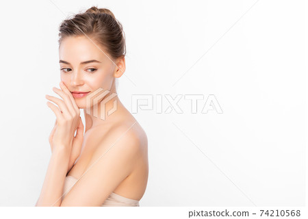 Beautiful young woman with clean fresh skin on white background, Face care, Facial treatment Beautiful young woman with clean fresh skin on white background, Face care, Facial treatment 74210568