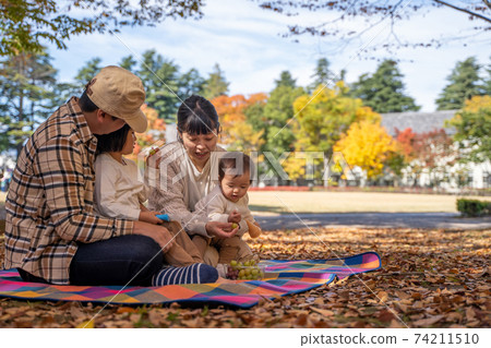 家庭在秋天公園玩 74211510