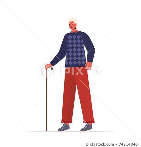old man in casual trendy clothes with cane senior male cartoon character standing pose gray haired grandfather full length 74214840