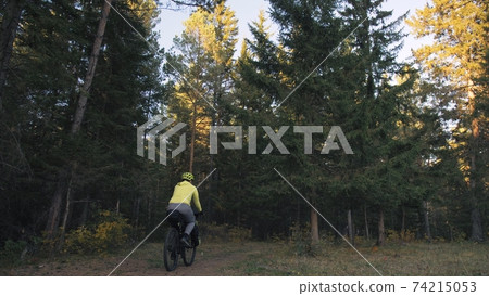 The man travel on mixed terrain cycle touring with bike bikepacking. The traveler journey with bicycle bags. Magic forest park. The man travel on mixed terrain cycle touring with bike bikepacking. The traveler journey with bicycle bags. Magic forest park. 74215053