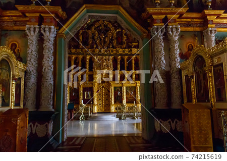 Interior of St. Sergius refectory church of Trinity Lavra of St. Sergius in Sergiev Posad, Russia Interior of St. Sergius refectory church of Trinity Lavra of St. Sergius in Sergiev Posad, Russia 74215619