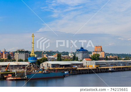 River cargo port in Kiev, Ukraine River cargo port in Kiev, Ukraine 74215681
