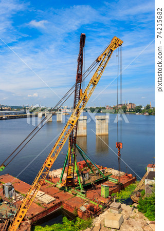 River cargo port in Kiev, Ukraine River cargo port in Kiev, Ukraine 74215682