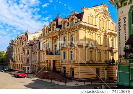 Colorful houses of Vozdvizhenka elite district in Kiev, Ukraine Colorful houses of Vozdvizhenka elite district in Kiev, Ukraine 74215689