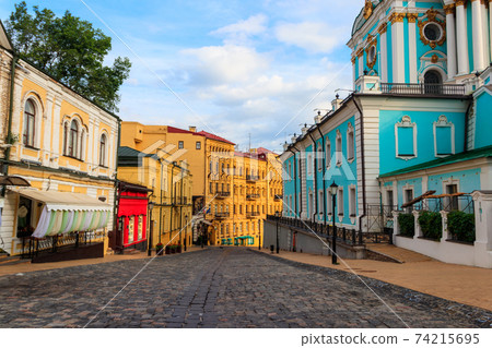 Andriyivskyy Descent (literally: Andrew's Descent) is a historic descent connecting Kiev's Upper Town neighborhood and the historically commercial Podil neighborhood. Kiev, Ukraine 74215695
